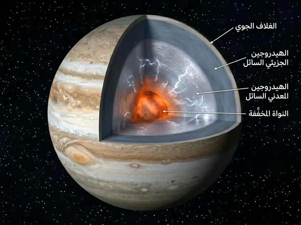  مقطع عرضي ثلاثي الأبعاد لكوكب المشتري يُظهر طبقاته الداخلية الأربع من الغلاف الجوي حتى النواة المخفّفة