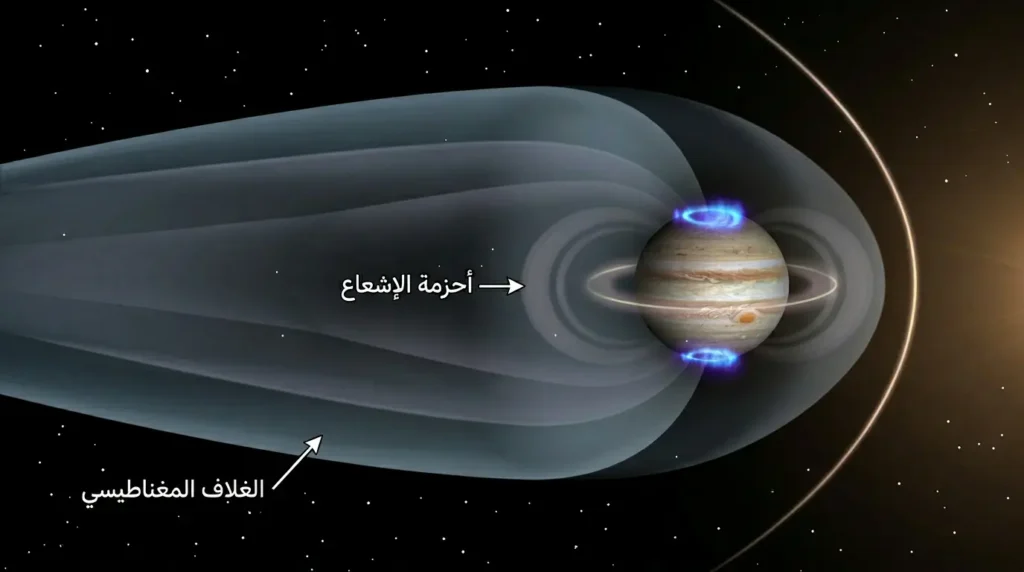 رسم علمي للغلاف المغناطيسي الهائل لكوكب المشتري مع أحزمة الإشعاع والشفق القطبي عند القطبين