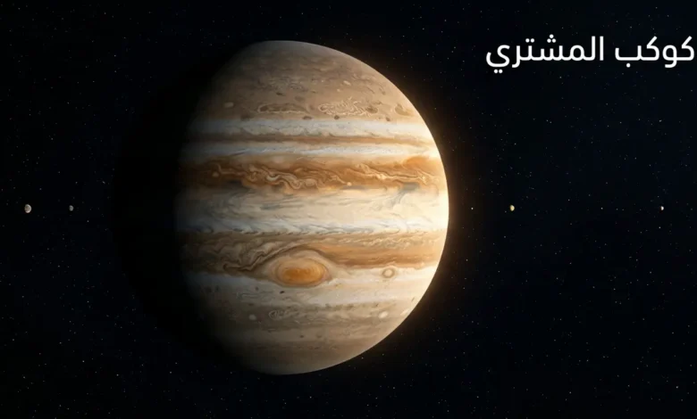 كوكب المشتري بأحزمته الملونة والبقعة الحمراء العظيمة مع أقمار غاليليو الأربعة في خلفية فضائية سوداء