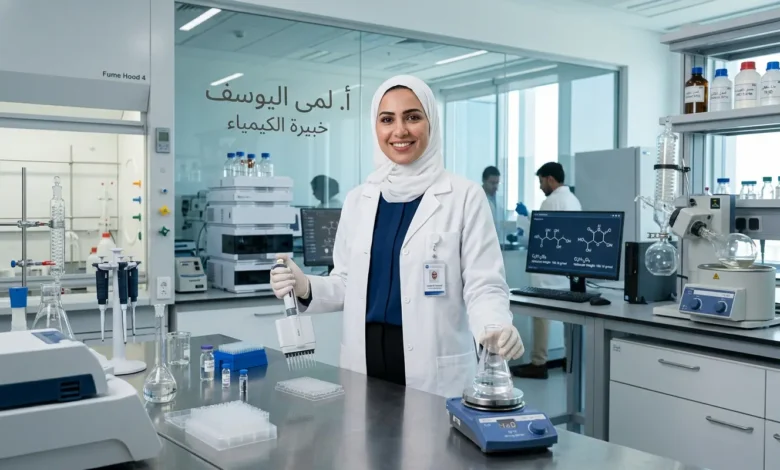 صورة شخصية لخبيرة الكيمياء أ. لمى اليوسف في مختبر حديث