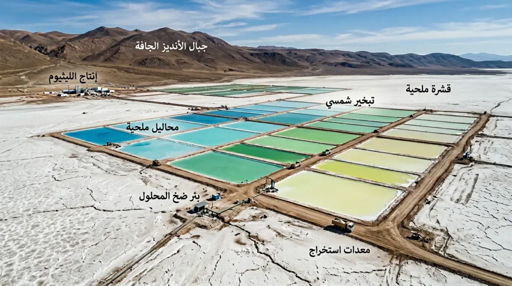 صورة جوية واقعية لأحواض تبخير ملحية لاستخراج الليثيوم في منطقة صحراوية شديدة الجفاف