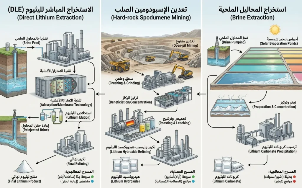 إنفوجرافيك علمي يقارن بين استخراج الليثيوم من المحاليل الملحية ومن الصخور الصلبة وبالطريقة المباشرة الحديثة.