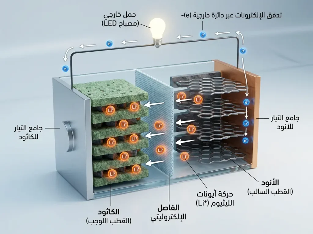 مقطع ثلاثي الأبعاد لبطارية ليثيوم-أيون يبيّن المصعد والمهبط والإلكتروليت وحركة أيونات الليثيوم أثناء التفريغ.