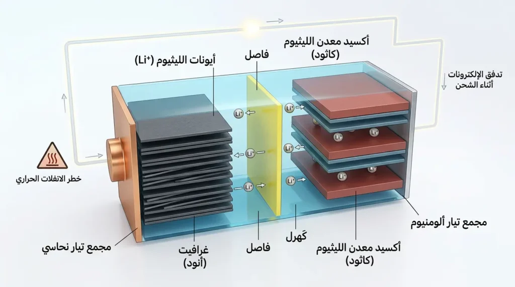مقطع توضيحي لبنية بطارية الليثيوم أيون يظهر القطبين وحركة أيونات الليثيوم أثناء الشحن والتفريغ