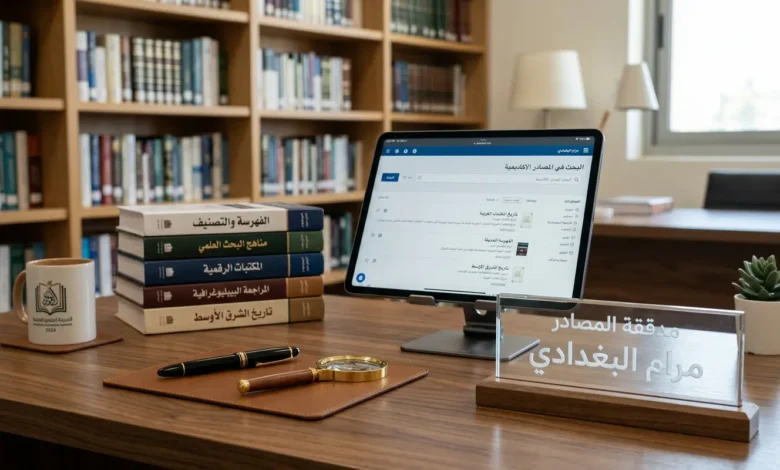 صورة تعبيرية لمكتب مدققة المصادر مرام البغدادي في موسوعة خلية العلمية، تظهر كتب الأرشفة وأدوات البحث في قواعد البيانات.