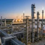 مصفاة نفط حديثة عند الغسق مع أبراج تقطير وشبكة أنابيب