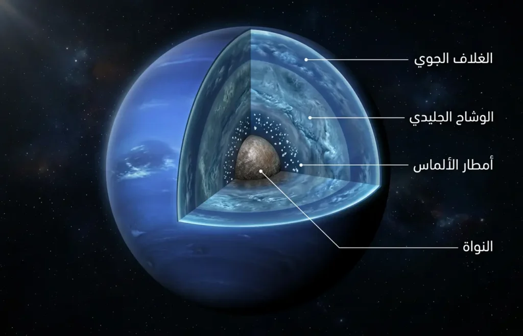 مقطع داخلي واقعي لكوكب نبتون يوضح الغلاف الجوي والوشاح الجليدي والنواة ومنطقة أمطار الألماس