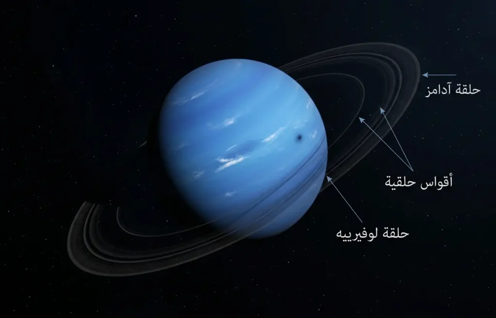 صورة علمية واقعية لنبتون وحلقاته الباهتة مع إبراز حلقة آدامز والأقواس الحلقية