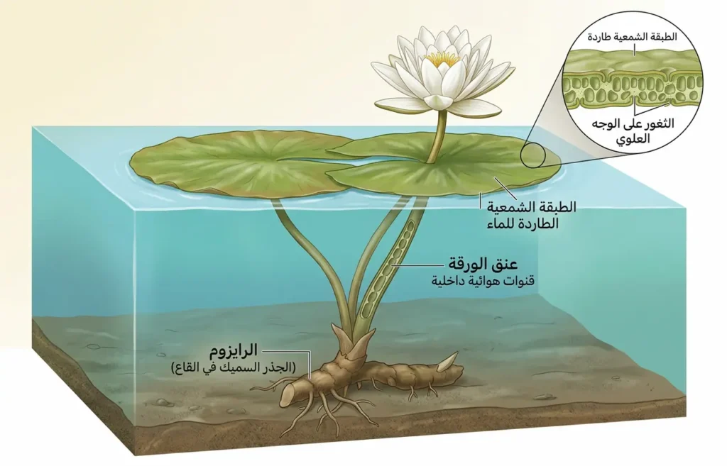 رسم توضيحي علمي لزنبق الماء يُظهر التركيب الكامل من الرايزوم في القاع إلى الورقة الطافية والزهرة مع تفاصيل الطبقة الشمعية والثغور