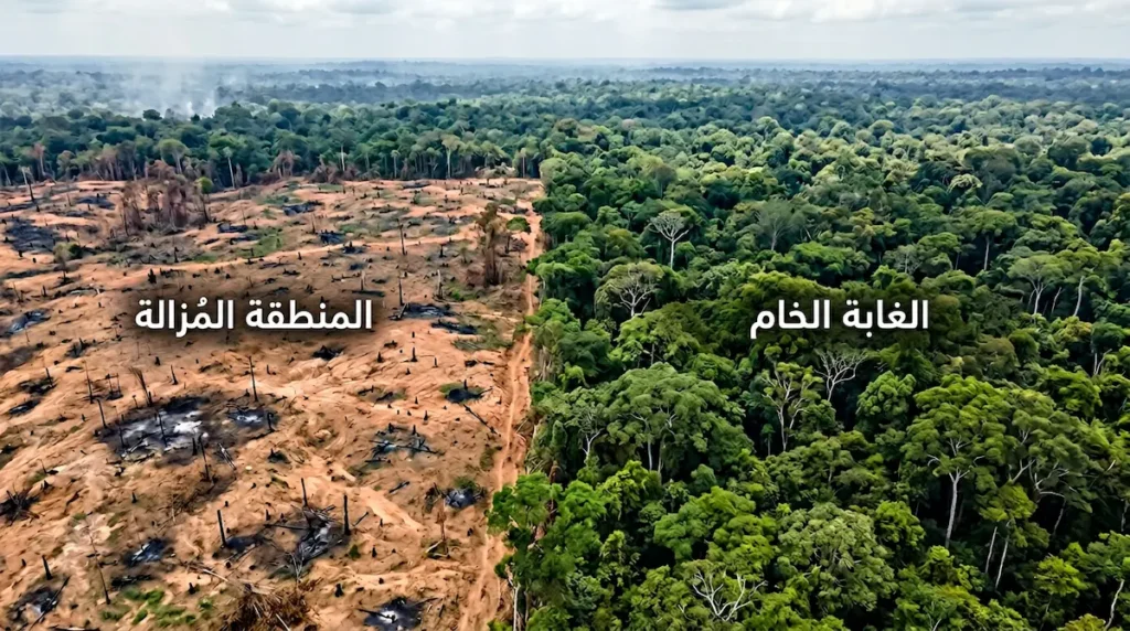 صورة جوية واقعية تُظهر الحد الحاد بين الغابة الاستوائية الكثيفة السليمة وأرض مكشوفة جرداء بعد إزالة الغابات