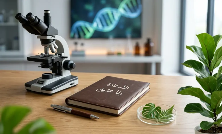 صورة رمزية لأدوات البحث العلمي في علوم الأحياء مكتوب عليها الأستاذة رنا عتيق