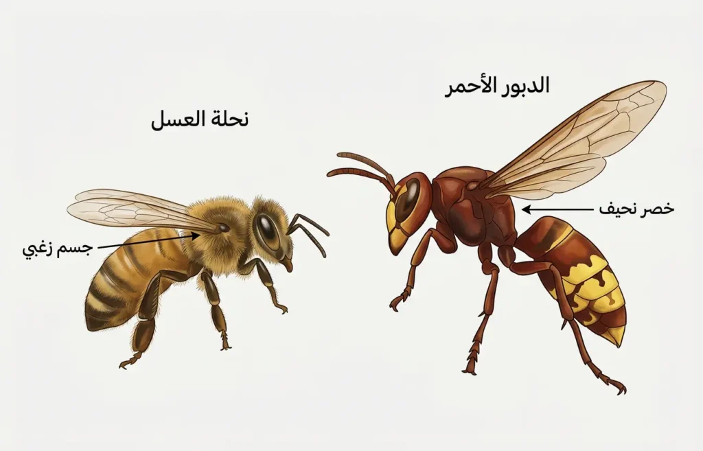مقارنة بصرية بين الدبور الأحمر ونحلة العسل توضح فروق الحجم والخصر والشعيرات