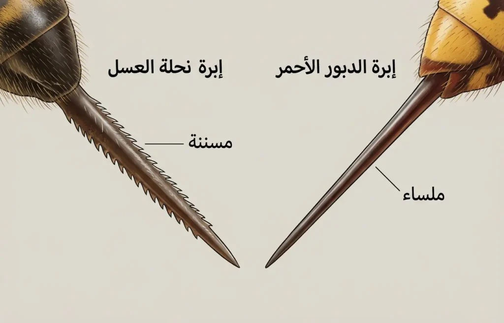 مقارنة علمية بين إبرة الدبور الأحمر الملساء وإبرة نحلة العسل المسننة