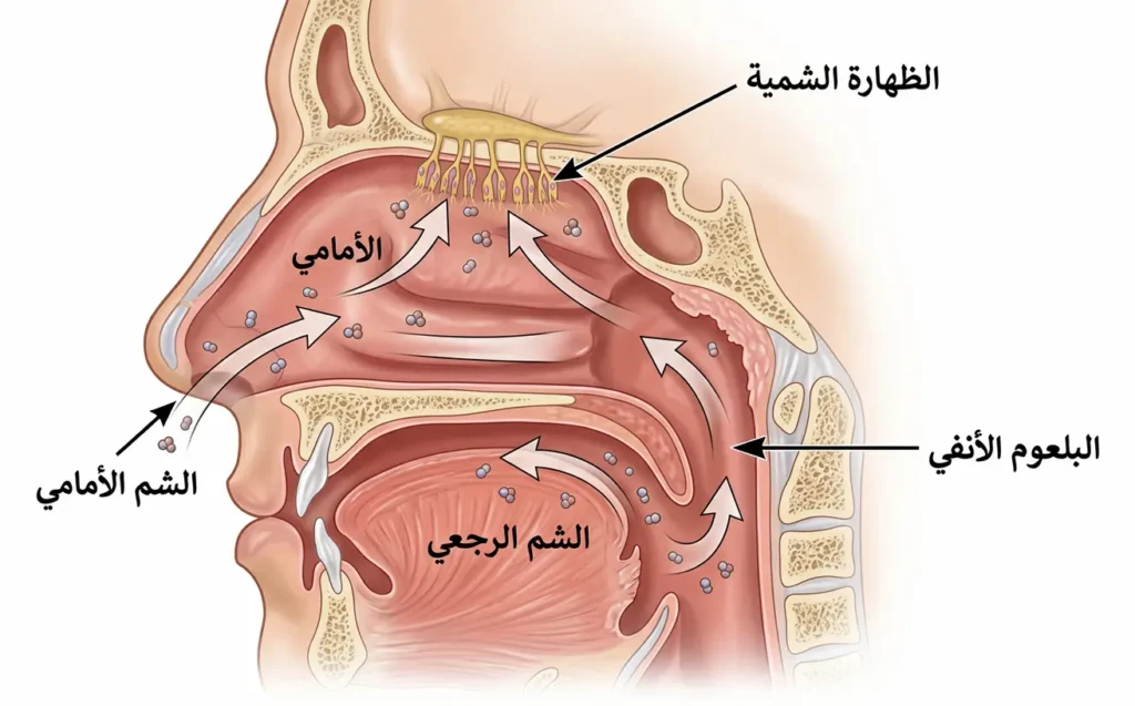 مقطع تشريحي جانبي يوضح الشم الأمامي والشم الرجعي والمسار الخلفي بين الفم والأنف