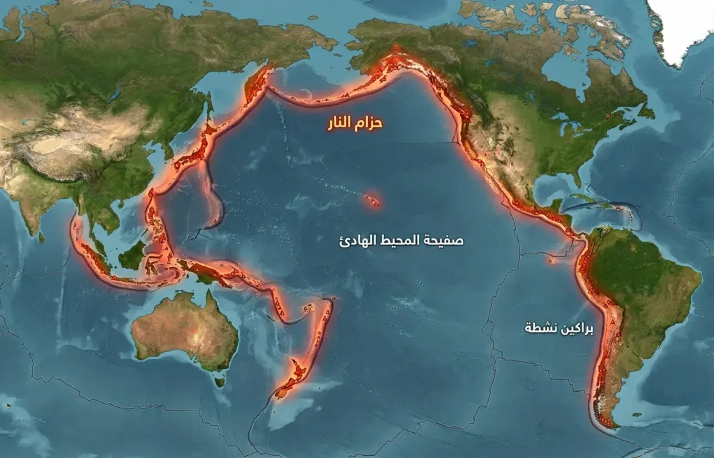 خريطة علمية دقيقة تُوضّح موقع حزام النار حول المحيط الهادئ وتوزّع البراكين النشطة عليه
