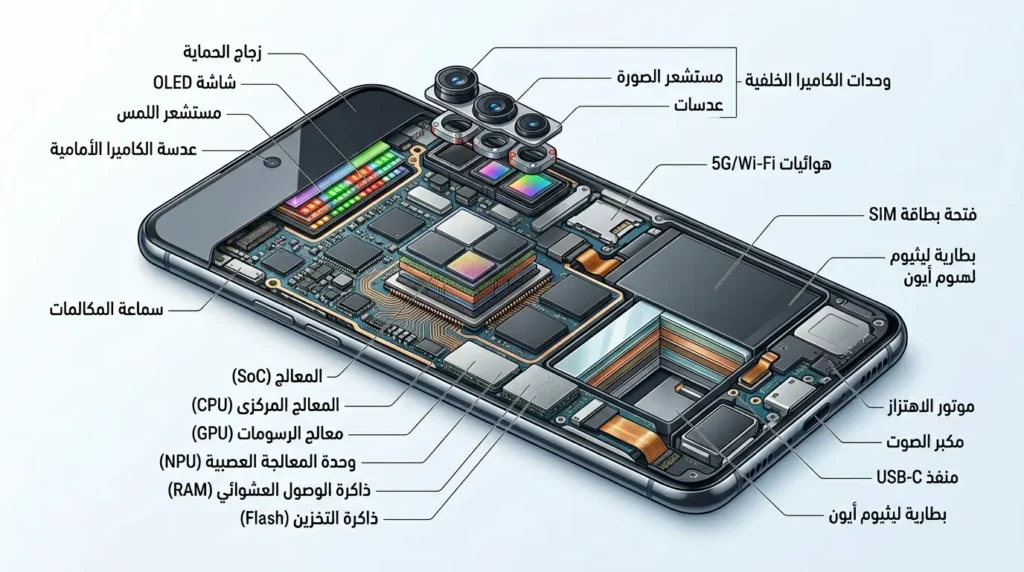 مقطع توضيحي يظهر البنية الداخلية للهاتف الذكي مع شريحة النظام والبطارية والشاشة ووحدة الكاميرا