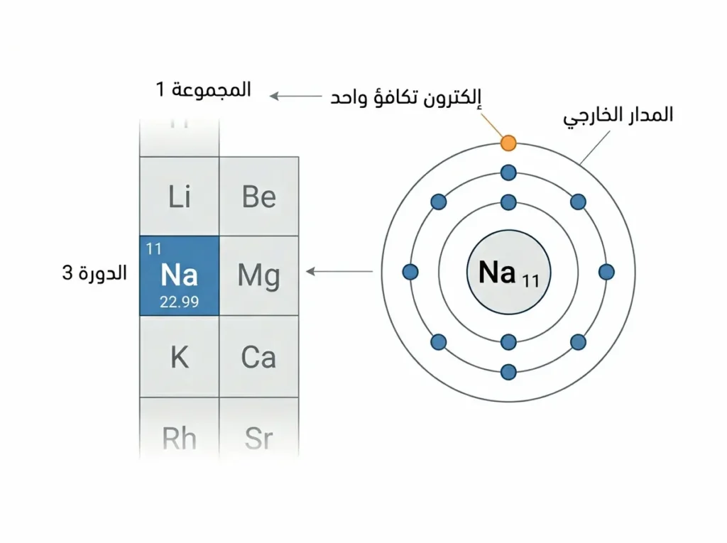  إنفوغراف علمي يوضح موضع الصوديوم في المجموعة 1 والدورة 3 مع إبراز الإلكترون الخارجي الوحيد.