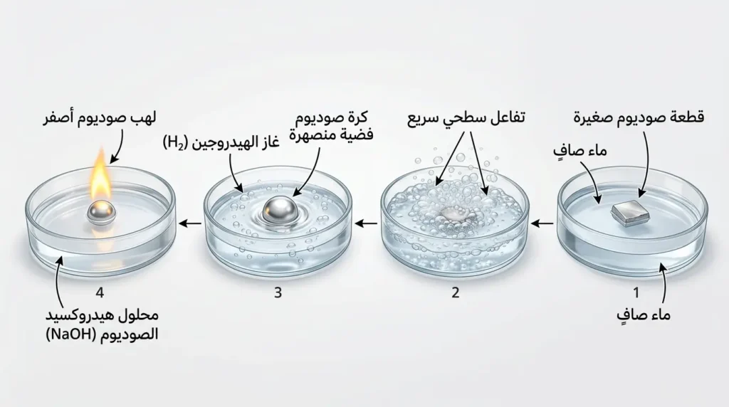 رسم علمي متسلسل يوضح كيف يطفو الصوديوم على الماء ثم يطلق غاز الهيدروجين ويتحول التفاعل إلى لهب أصفر.