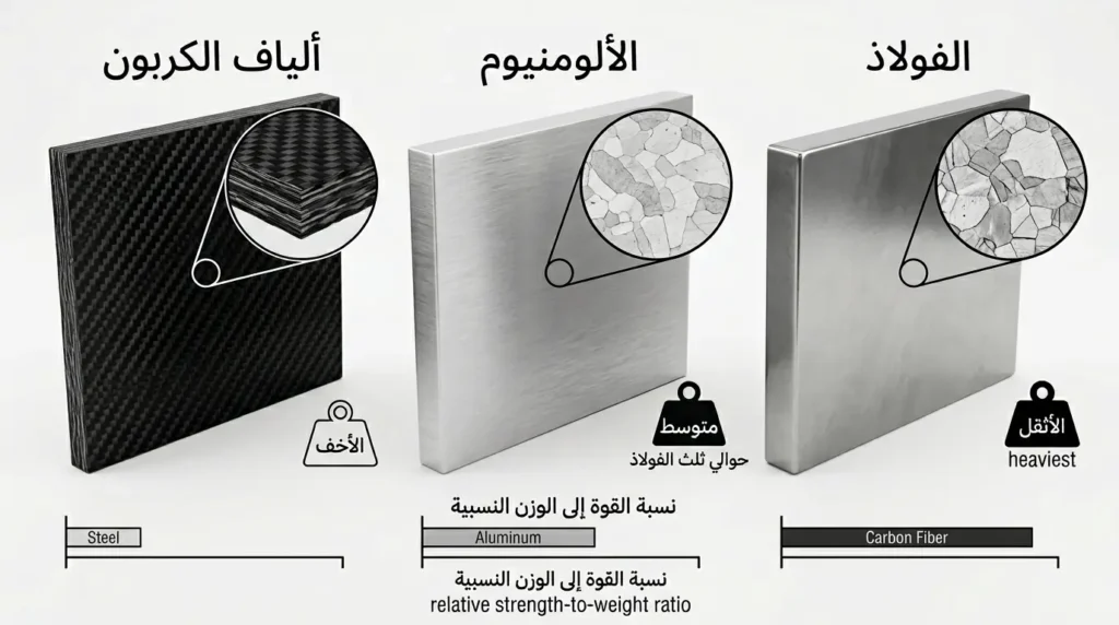 مقارنة علمية بين الفولاذ والألومنيوم وألياف الكربون المستخدمة في صناعة هياكل السيارات
