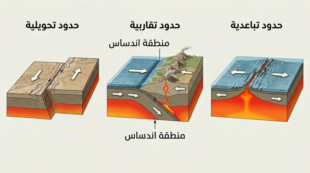 رسم علمي مقارن يُوضّح الأنواع الثلاثة لحدود الصفائح التكتونية: التباعدية والتقاربية والتحويلية