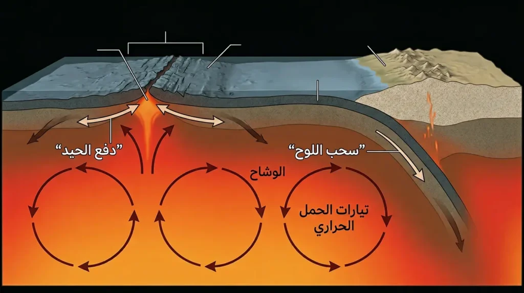 رسم علمي يُوضّح آلية تيارات الحمل الحراري في الوشاح وقوتَي دفع الحيد وسحب اللوح المحركة للصفائح التكتونية