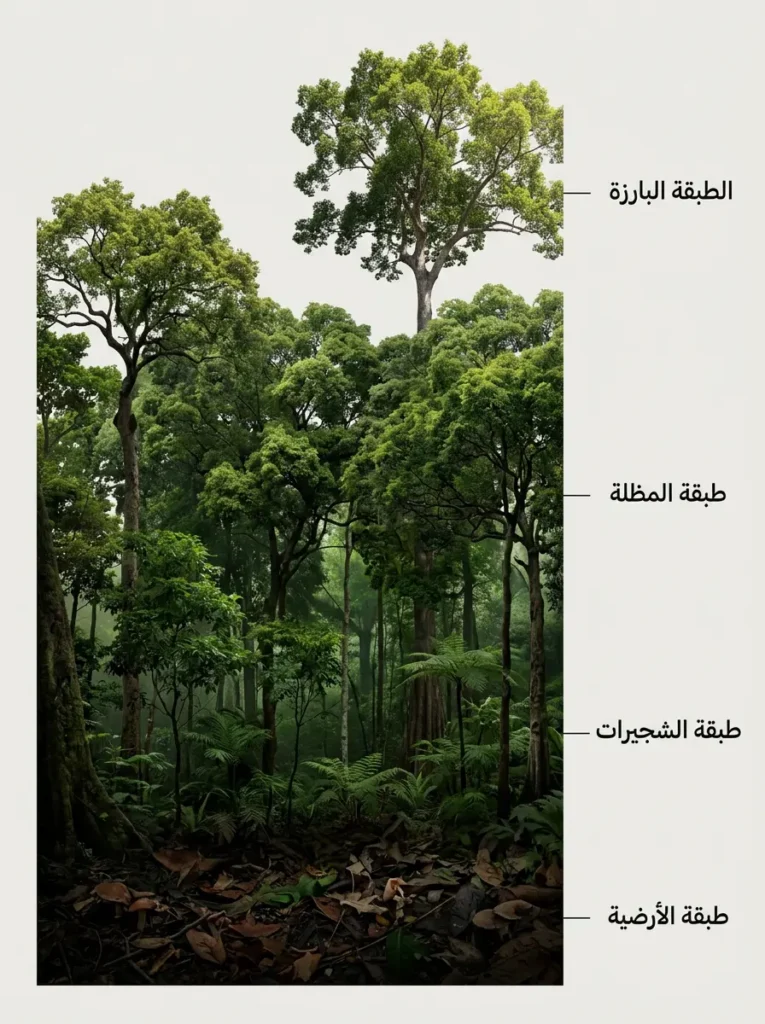  رسم توضيحي علمي للطبقات العمودية الأربع للغابة الاستوائية المطيرة