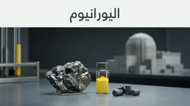 عينة خام يورانيوم مع كعكة صفراء وحبيبات وقود نووي أمام خلفية مفاعل نووي حديث