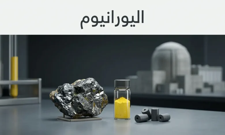 عينة خام يورانيوم مع كعكة صفراء وحبيبات وقود نووي أمام خلفية مفاعل نووي حديث