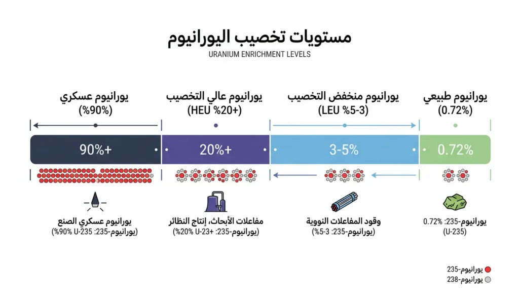 سلم بصري يوضح درجات تخصيب اليورانيوم من الطبيعي إلى منخفض التخصيب ثم عالي التخصيب فالدرجة العسكرية