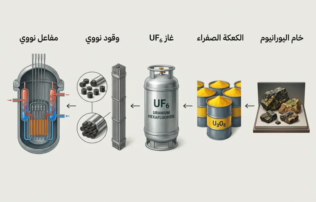 مخطط علمي يوضح انتقال اليورانيوم من الخام إلى الكعكة الصفراء ثم غاز UF6 ثم الوقود النووي فالمفاعل.