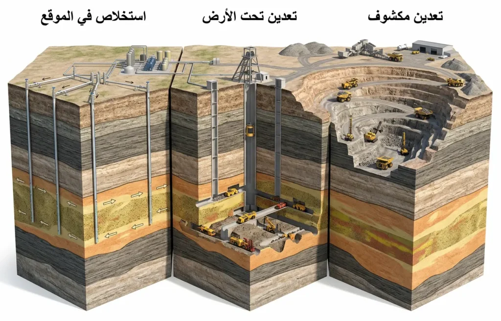 مقطع جيولوجي مقارن يوضح طرق تعدين اليورانيوم الثلاث: التعدين المكشوف وتحت الأرض والاستخلاص في الموقع