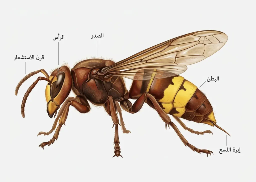 رسم علمي يوضح الأجزاء الخارجية الرئيسية في جسم الدبور الأحمر