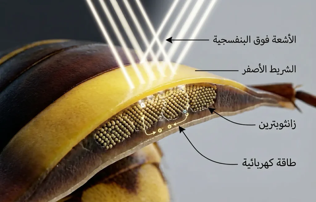  رسم ثلاثي الأبعاد يشرح امتصاص الأشعة فوق البنفسجية في الشريط الأصفر للدبور الأحمر
