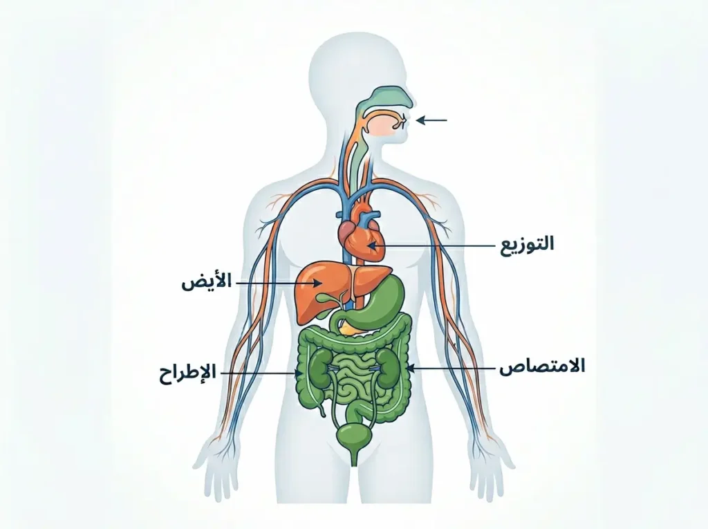 إنفوغراف يوضح مراحل الحركية الدوائية الأربع: الامتصاص والتوزيع والأيض والإطراح داخل جسم الإنسان.