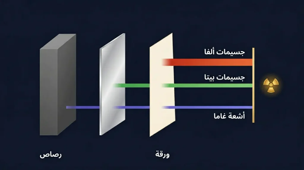 إنفوغرافيك علمي يوضح قدرة اختراق أنواع الإشعاع الثلاثة: ألفا توقفها ورقة وبيتا يوقفها ألمنيوم وغاما يوقفها الرصاص