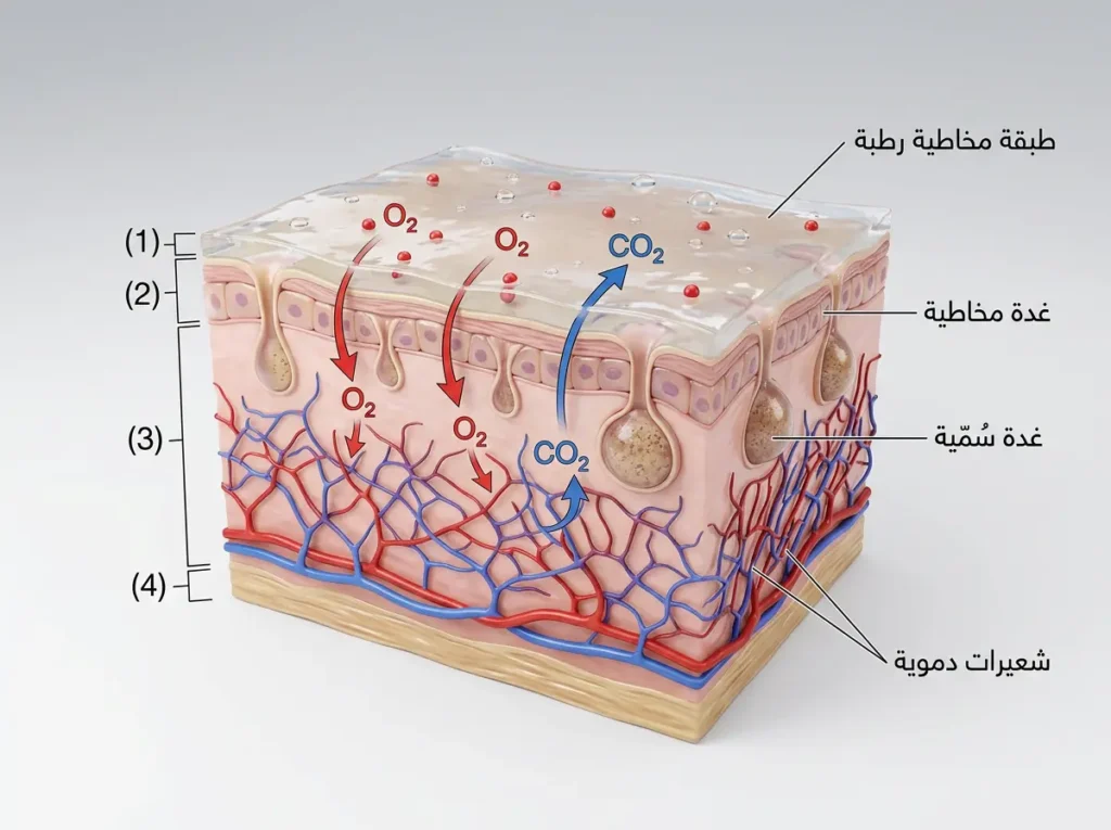 مقطع تشريحي ثلاثي الأبعاد لجلد البرمائيات يُظهر آلية التنفس الجلدي وانتشار الأكسجين وثاني أكسيد الكربون عبر الطبقة المخاطية والشعيرات الدموية.