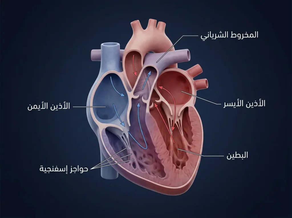 نموذج ثلاثي الأبعاد مقطعي للقلب ثلاثي الحجرات في البرمائيات يُظهر الأذينين والبطين الوحيد والحواجز الإسفنجية الداخلية ومسار الدم المؤكسَد وغير المؤكسَد.