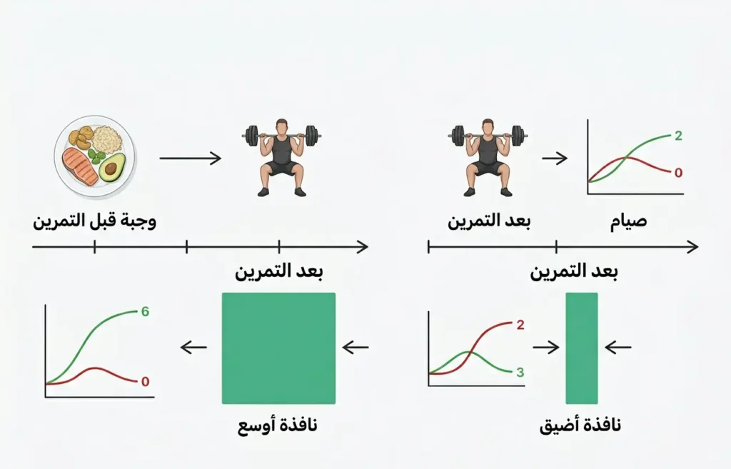 إنفوجرافيك يقارن بصرياً بين ضيق النافذة الابتنائية بعد التمرين في حالة الصيام واتساعها عند وجود وجبة قبل التمرين.
