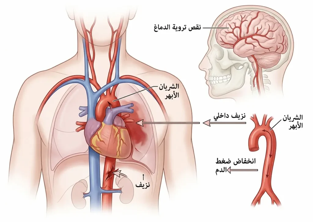 رسم طبي يوضح تمزق الشريان الأبهر والنزيف الداخلي وتراجع تروية الدماغ