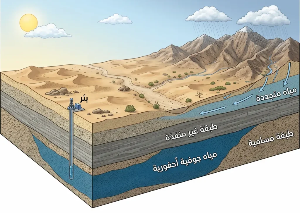مقطع هيدروجيولوجي يوضح المياه الجوفية المتجددة والمياه الأحفورية والطبقات المسامية وغير المنفذة تحت الصحراء.