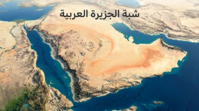تصيير علمي ثلاثي الأبعاد لشبه الجزيرة العربية يُظهر البحر الأحمر والمرتفعات الغربية والربع الخالي والحوض الرسوبي الشرقي.
