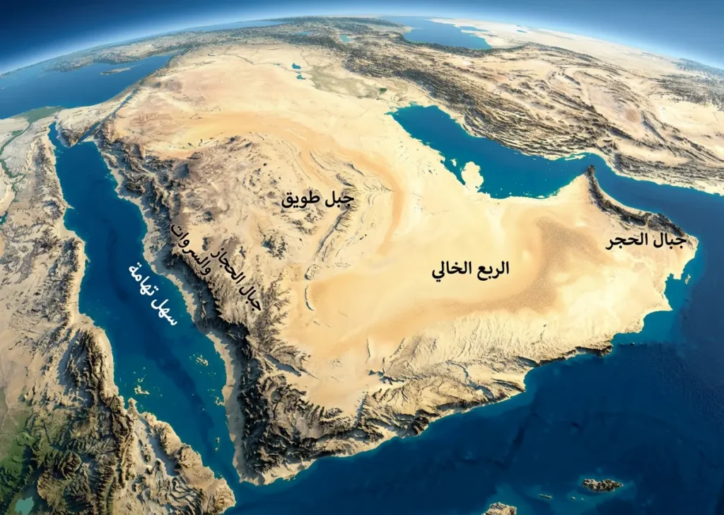 خريطة تضاريسية ثلاثية الأبعاد لشبه الجزيرة العربية تُظهر الجبال الغربية وجبل طويق والربع الخالي وجبال الحجر وسهل تهامة.