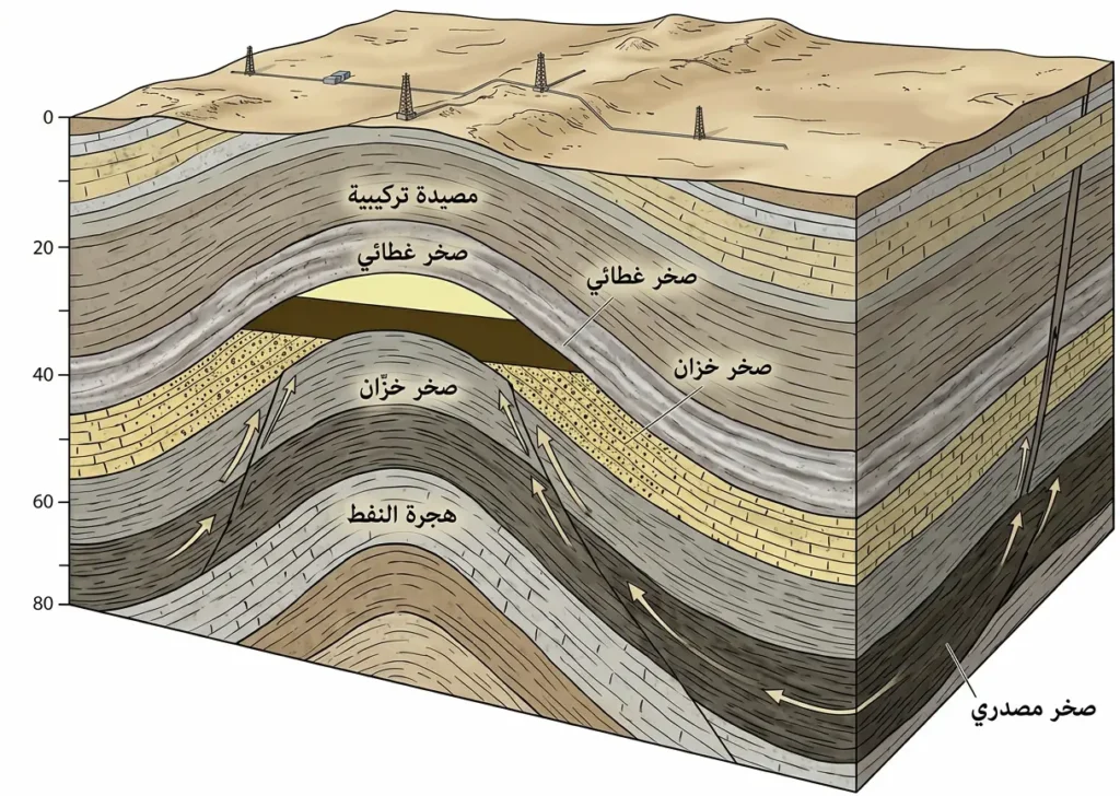 مقطع جيولوجي يوضح نظام البترول من الصخر المصدري إلى المصيدة التركيبية في بيئة رسوبية عربية.