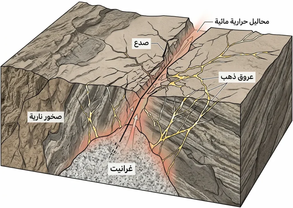 مقطع جيولوجي يوضح تكوّن عروق الذهب بالسوائل الحرارية المائية داخل صخور الدرع العربي القديمة.