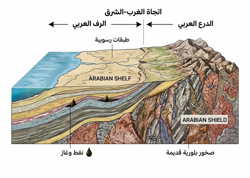 مقطع جيولوجي يوضح الفرق بين الدرع العربي الصخري القديم والرف العربي الرسوبي السميك.