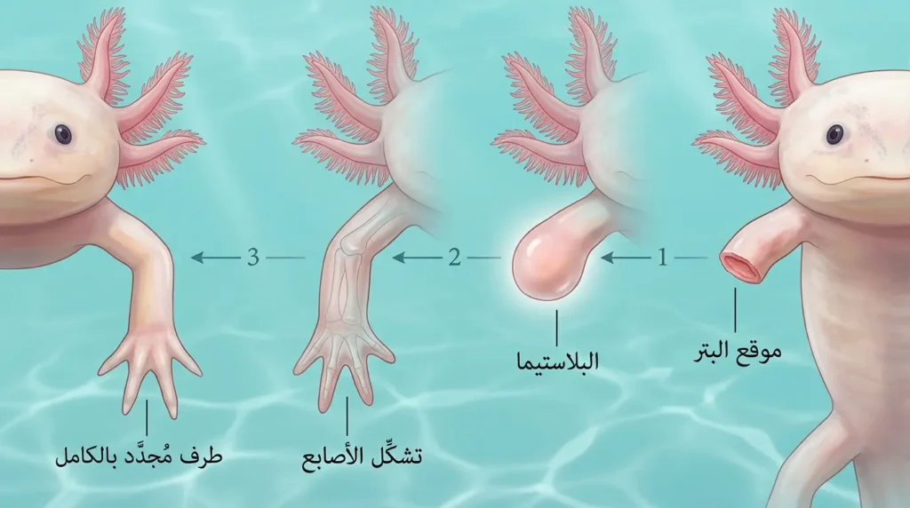 رسم توضيحي علمي يُظهر أربع مراحل لتجديد طرف الأكسولوتل من البتر إلى تكوّن البلاستيما إلى نمو الأصابع وصولاً إلى طرف مكتمل التجدد.