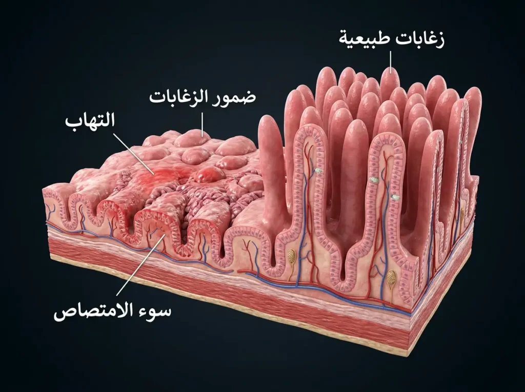 مقارنة ثلاثية الأبعاد بين بطانة أمعاء دقيقة طبيعية وبطانة متضررة في الداء الزلاقي مع ضمور الزغابات والالتهاب.