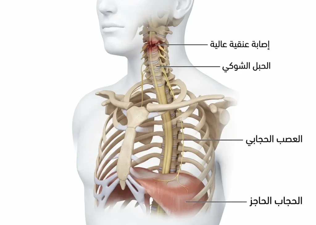  نموذج طبي ثلاثي الأبعاد يوضح إصابة عنقية عالية في الحبل الشوكي ومسار العصب الحجابي نحو الحجاب الحاجز.