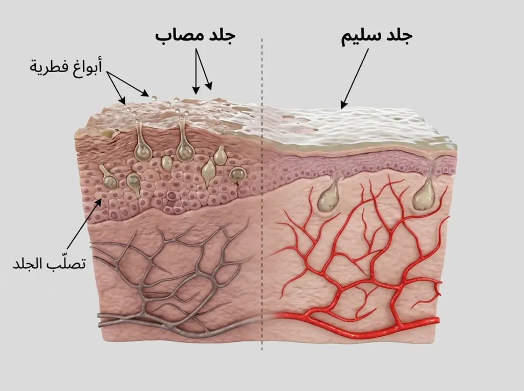 مقطع مجهري ثلاثي الأبعاد يقارن بين جلد برمائي سليم وآخر مصاب بفطر الكيتريد، مع تصلّب البشرة وظهور الأبواغ الفطرية داخل الخلايا.