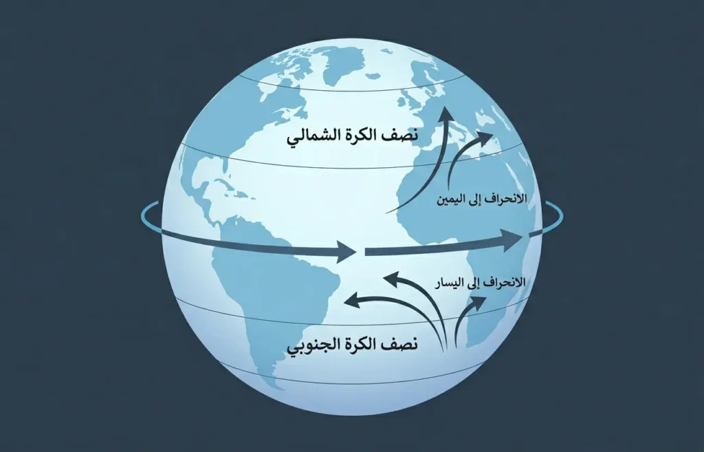  إنفوغرافيك علمي يوضح انحراف الحركة إلى اليمين شمالاً وإلى اليسار جنوباً بسبب تأثير كوريوليس